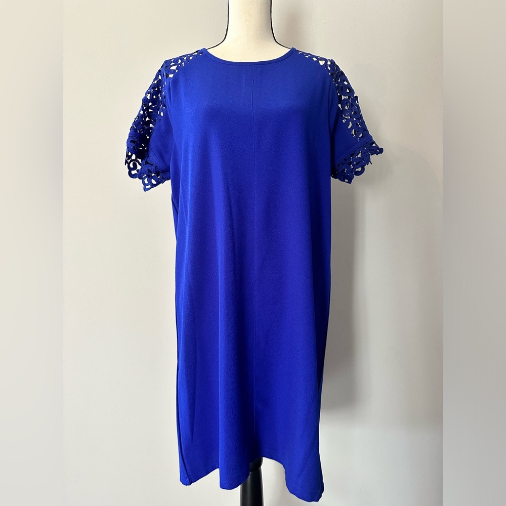 Allen B By Allen Schwartz Women's Royal Blue Shift Dress w/lace sleeves …